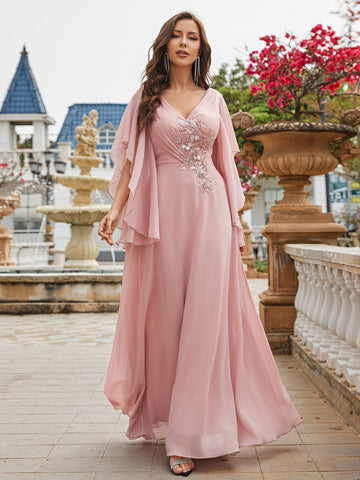 Pearls Detail Butterfly Sleeve Chiffon Bridesmaid Dress
