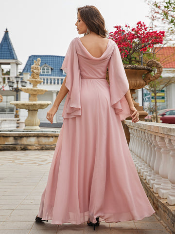 Pearls Detail Butterfly Sleeve Chiffon Bridesmaid Dress