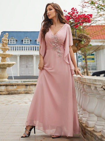 Pearls Detail Butterfly Sleeve Chiffon Bridesmaid Dress