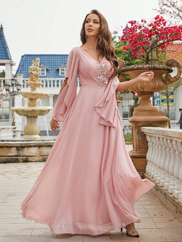 Pearls Detail Butterfly Sleeve Chiffon Bridesmaid Dress