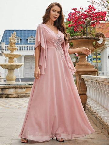 Pearls Detail Butterfly Sleeve Chiffon Bridesmaid Dress