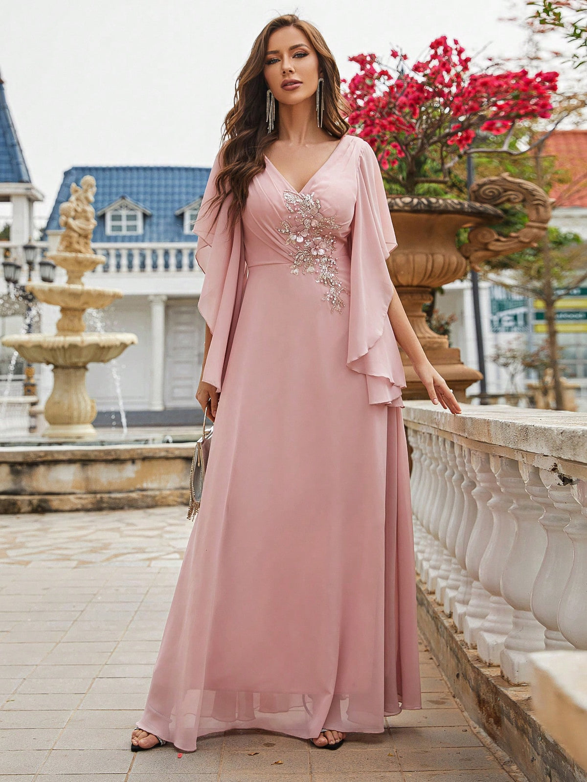 Pearls Detail Butterfly Sleeve Chiffon Bridesmaid Dress