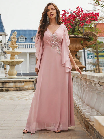 Pearls Detail Butterfly Sleeve Chiffon Bridesmaid Dress