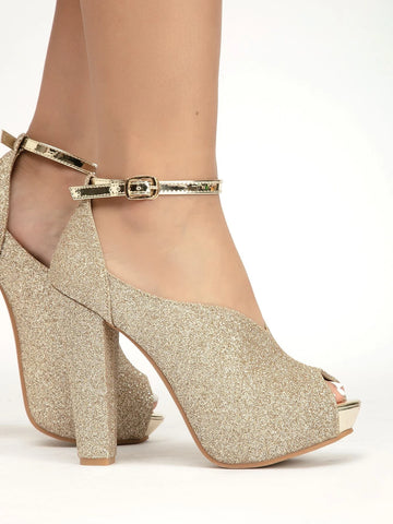 Peep Toe Glitter Ankle Strap Chunky Heeled Pumps