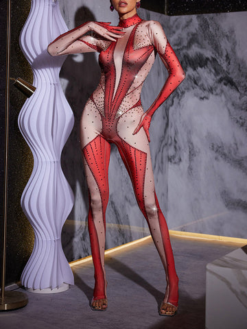 Pera Body Printed Rhinestone Gloves Jumpsuit In Red