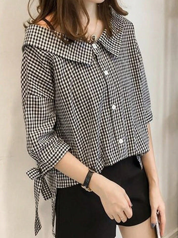 Peter Pan Collar Plaid Bow Tie 3/4 Sleeve Off Shoulder Elegant Tie-Up Blouse