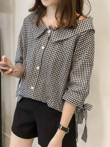 Peter Pan Collar Plaid Bow Tie 3/4 Sleeve Off Shoulder Elegant Tie-Up Blouse