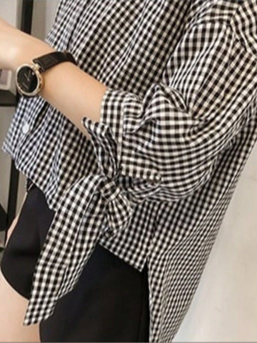 Peter Pan Collar Plaid Bow Tie 3/4 Sleeve Off Shoulder Elegant Tie-Up Blouse