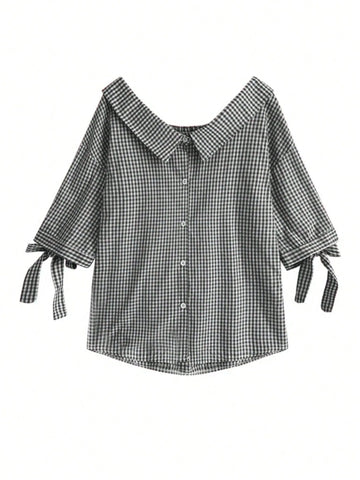 Peter Pan Collar Plaid Bow Tie 3/4 Sleeve Off Shoulder Elegant Tie-Up Blouse