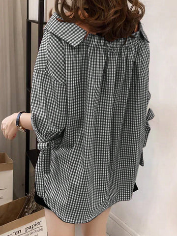 Peter Pan Collar Plaid Bow Tie 3/4 Sleeve Off Shoulder Elegant Tie-Up Blouse