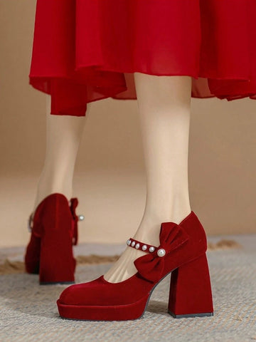 Petite Red Waterproof Platform High Heel Mary Jane Pearl Accent Wedding Shoes, New 2024 Autumn