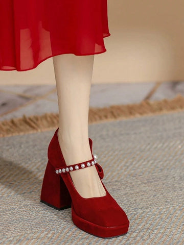 Petite Red Waterproof Platform High Heel Mary Jane Pearl Accent Wedding Shoes, New 2024 Autumn