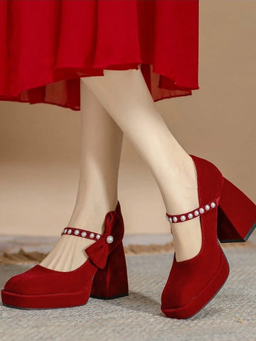 Petite Red Waterproof Platform High Heel Mary Jane Pearl Accent Wedding Shoes, New 2024 Autumn