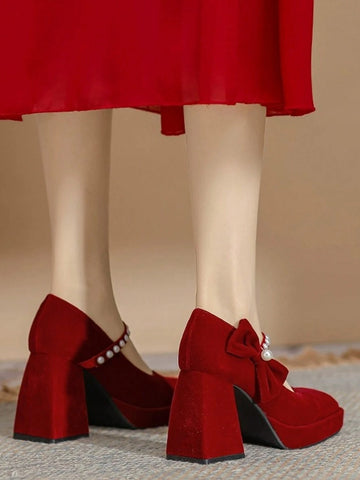 Petite Red Waterproof Platform High Heel Mary Jane Pearl Accent Wedding Shoes, New 2024 Autumn