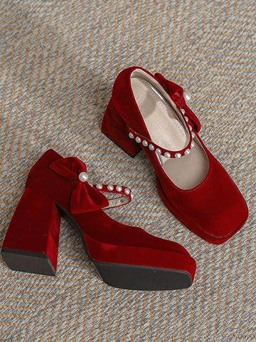 Petite Red Waterproof Platform High Heel Mary Jane Pearl Accent Wedding Shoes, New 2024 Autumn