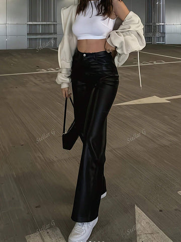 Petite Size High Waist Straight Leg PU Leather Pants, Loose & Slimming, Matte Finish Casual Trousers