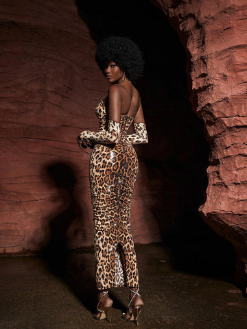 Peyton Strapless Leopard Sequin Maxi Dress