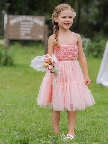Pink 3D Flower Applique Tulle Formal Dress For Young Girls, Summer Wedding