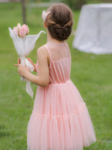 Pink 3D Flower Applique Tulle Formal Dress For Young Girls, Summer Wedding