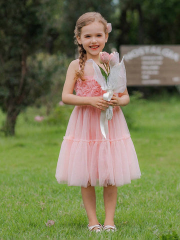 Pink 3D Flower Applique Tulle Formal Dress For Young Girls, Summer Wedding