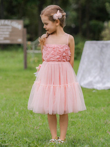 Pink 3D Flower Applique Tulle Formal Dress For Young Girls, Summer Wedding