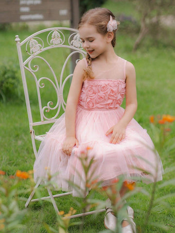 Pink 3D Flower Applique Tulle Formal Dress For Young Girls, Summer Wedding