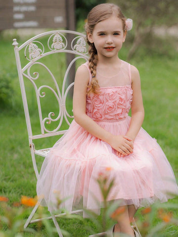 Pink 3D Flower Applique Tulle Formal Dress For Young Girls, Summer Wedding