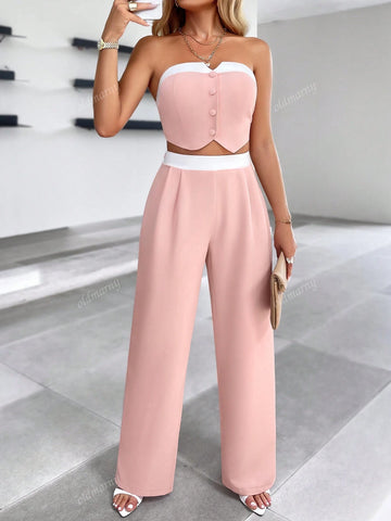 Pink And White Contrast Trim Sexy Strapless Top With Single-Breasted Button&Wide Leg Pants Two Piece Set,2pcs Set,Fashionable,Simple,Casual And Sexy For Commuting,Outdoor,Dating,Daily,Elegant,Women's Autumn And Winter Old Money Style Clothing