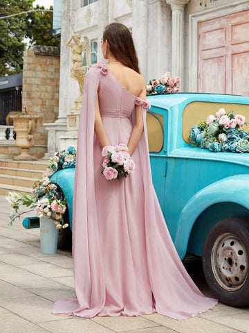 Pink Asymmetrical Neckline Thigh-High Slit Formal Dress