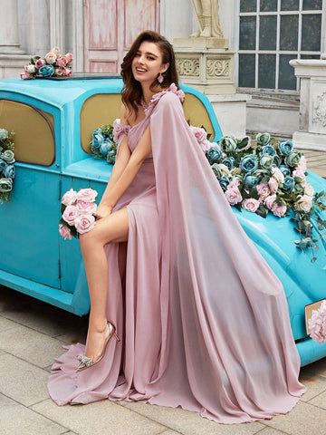 Pink Asymmetrical Neckline Thigh-High Slit Formal Dress