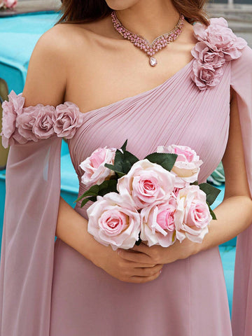 Pink Asymmetrical Neckline Thigh-High Slit Formal Dress