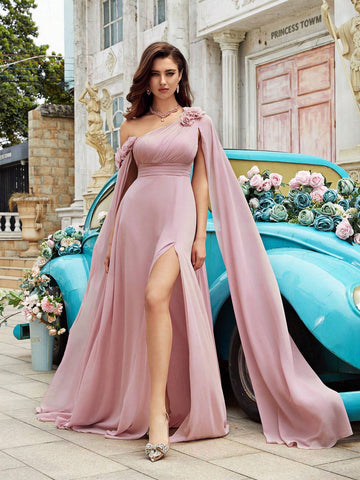 Pink Asymmetrical Neckline Thigh-High Slit Formal Dress