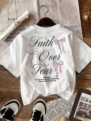 Pink Bow Slogan Printed Round Neck Short Sleeve Ladies T-Shirt