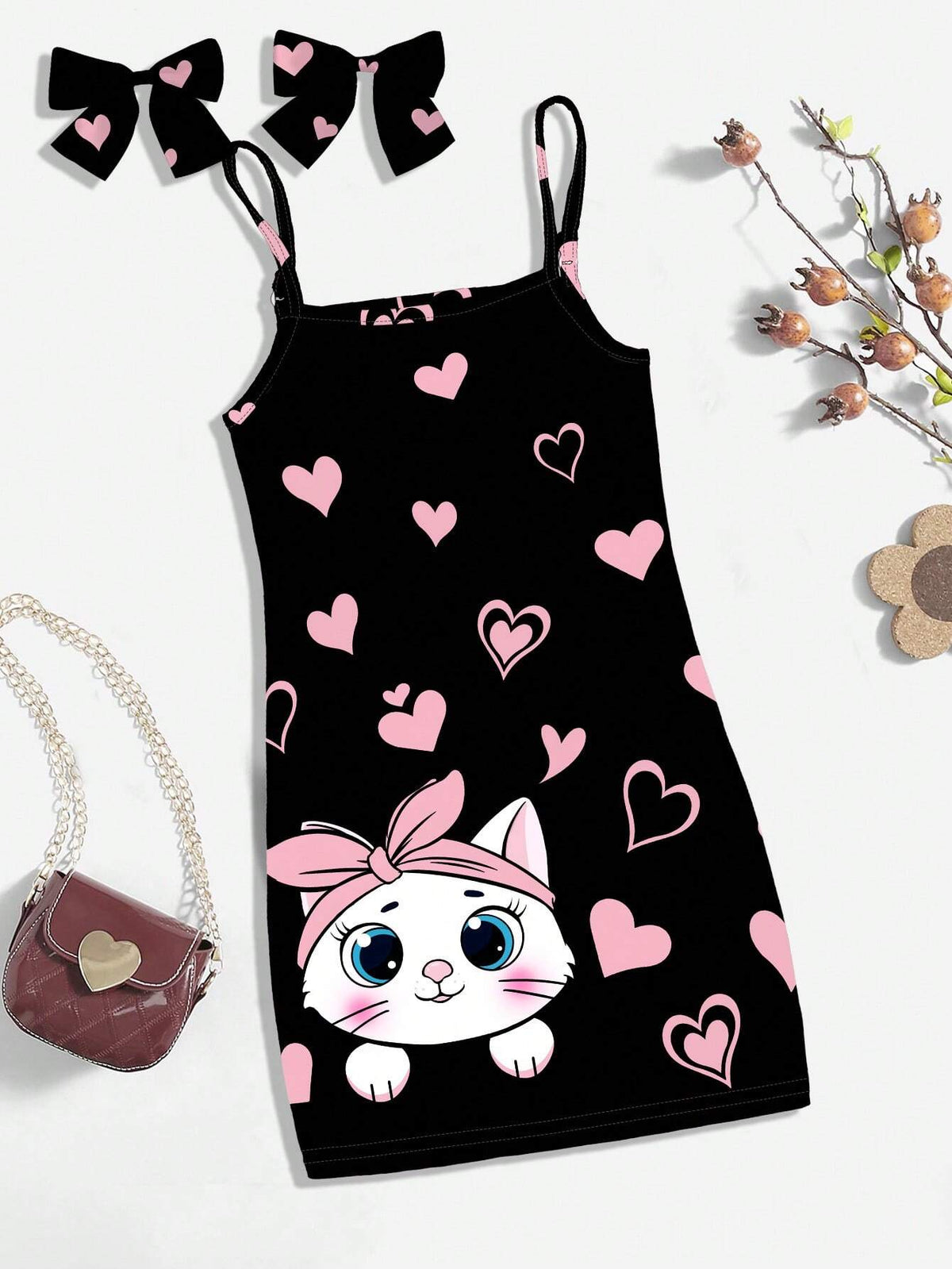 Pink Cat Heart Printed Cartoon Dress, Young Girls' Casual Sleeveless Midi Dress Suitable For Summer