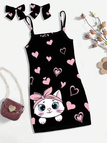 Pink Cat Heart Printed Cartoon Dress, Young Girls' Casual Sleeveless Midi Dress Suitable For Summer