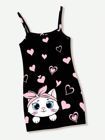 Pink Cat Heart Printed Cartoon Dress, Young Girls' Casual Sleeveless Midi Dress Suitable For Summer