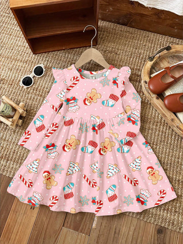 Pink Christmas Print, Gingerbread Man Candy Cane, Cute Snowflake, Chrismas, Young Girl Cute Bow Cartoon Print Fashion Long Sleeve Dress