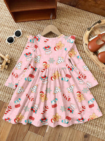 Pink Christmas Print, Gingerbread Man Candy Cane, Cute Snowflake, Chrismas, Young Girl Cute Bow Cartoon Print Fashion Long Sleeve Dress