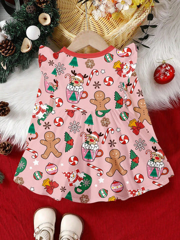 Pink Christmas Reindeer, Gingerbread Man Candy Cane, Cute Snowflake Print, Christmas Themed Sweet Bow Cartoon Graphic Long Sleeve Dress