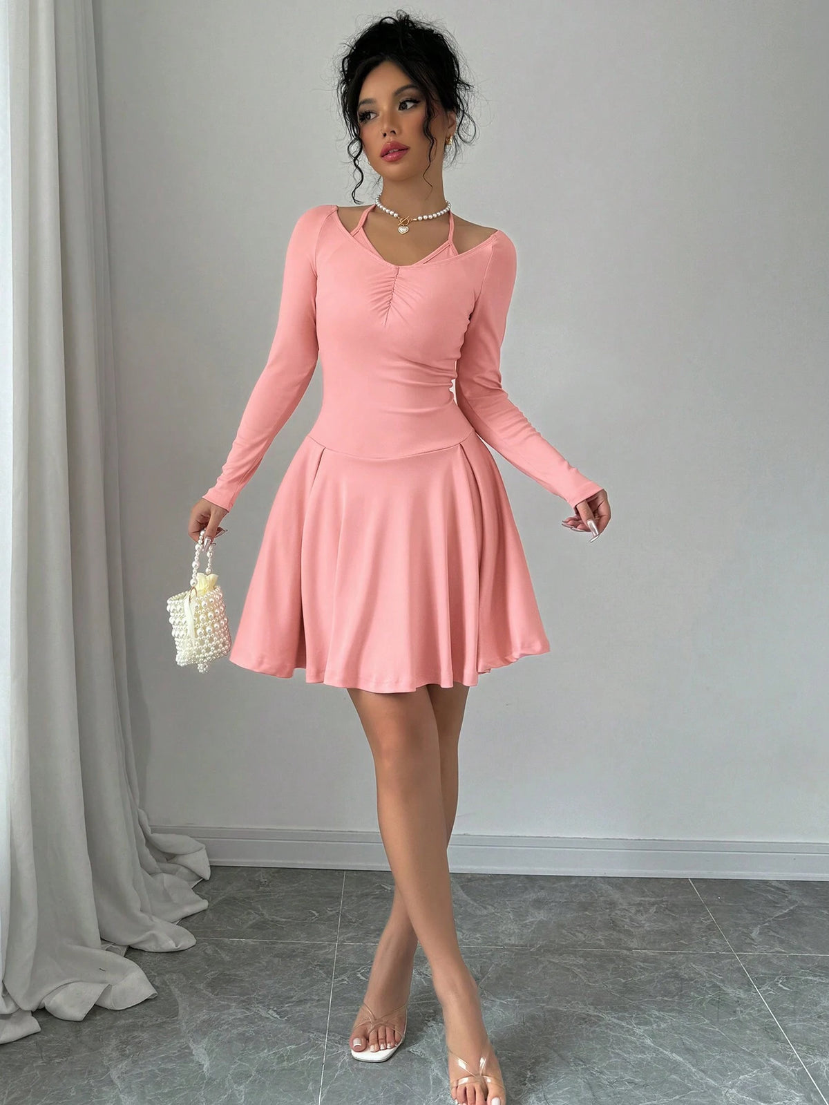 Pink Color Sexy Halter Neck Simple Slim Fit Long Sleeve Ruffle Hem Dress,Internet Celebrity Girl,Daily,Casual And Sexy For Commuting,2024 Autumn And Winter New Women's Clothing, Wedding Event Dress, Elegant Dress