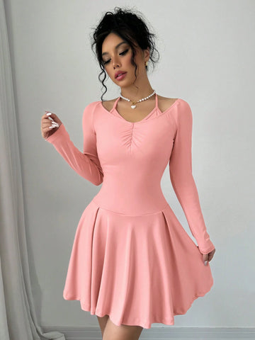 Pink Color Sexy Halter Neck Simple Slim Fit Long Sleeve Ruffle Hem Dress,Internet Celebrity Girl,Daily,Casual And Sexy For Commuting,2024 Autumn And Winter New Women's Clothing, Wedding Event Dress, Elegant Dress