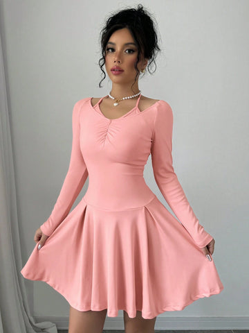 Pink Color Sexy Halter Neck Simple Slim Fit Long Sleeve Ruffle Hem Dress,Internet Celebrity Girl,Daily,Casual And Sexy For Commuting,2024 Autumn And Winter New Women's Clothing, Wedding Event Dress, Elegant Dress