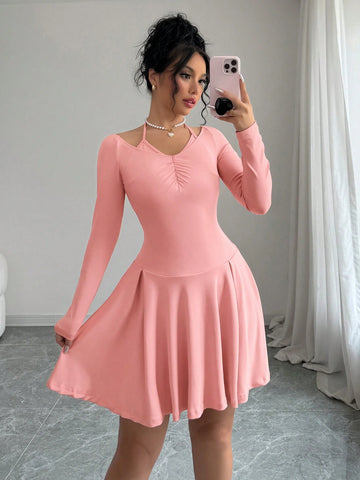 Pink Color Sexy Halter Neck Simple Slim Fit Long Sleeve Ruffle Hem Dress,Internet Celebrity Girl,Daily,Casual And Sexy For Commuting,2024 Autumn And Winter New Women's Clothing, Wedding Event Dress, Elegant Dress