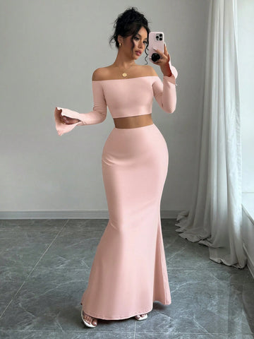 Pink Color Simple Daily Off Shoulder Long Sleeve Top And Mermaid Hem Slim Fit Skirt Two-Piece Set,Casual,Stylish And Elegant,2024 Autumn And Winter New Women's Clothing