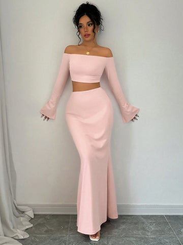 Pink Color Simple Daily Off Shoulder Long Sleeve Top And Mermaid Hem Slim Fit Skirt Two-Piece Set,Casual,Stylish And Elegant,2024 Autumn And Winter New Women's Clothing