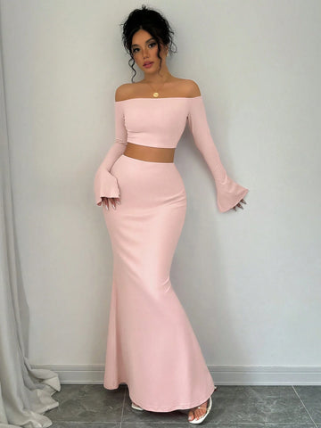 Pink Color Simple Daily Off Shoulder Long Sleeve Top And Mermaid Hem Slim Fit Skirt Two-Piece Set,Casual,Stylish And Elegant,2024 Autumn And Winter New Women's Clothing