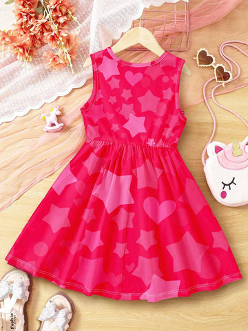 Pink, Cute Unicorn, Young Girl Casual Simple Sleeveless Midi Dress, Suitable For Summer