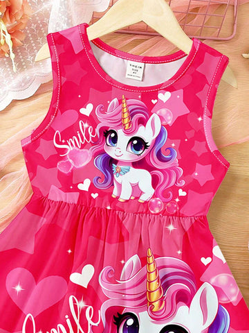 Pink, Cute Unicorn, Young Girl Casual Simple Sleeveless Midi Dress, Suitable For Summer
