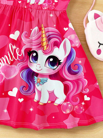 Pink, Cute Unicorn, Young Girl Casual Simple Sleeveless Midi Dress, Suitable For Summer