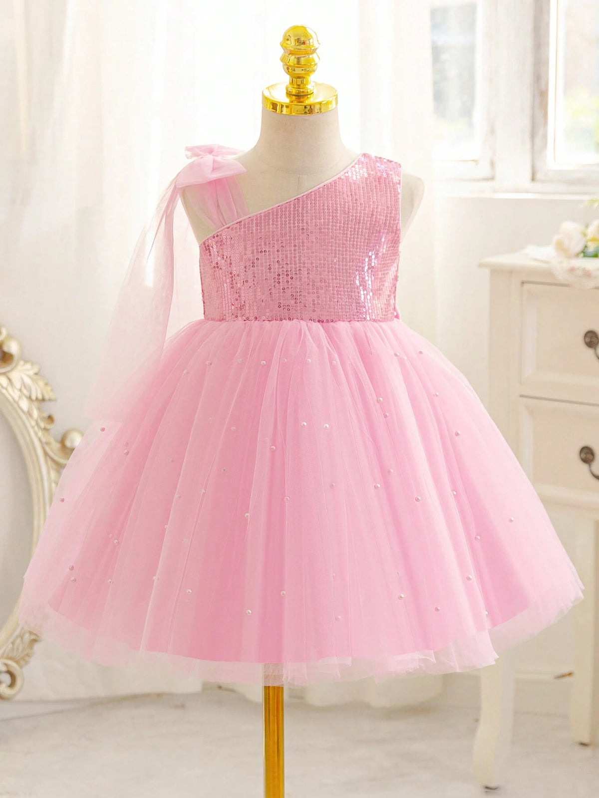 Pink Dress,Pearl Dress ,Pink Shoes ,Young Girl Dress Special Occasion, First Birthday Dress, Young Girl Party Dress